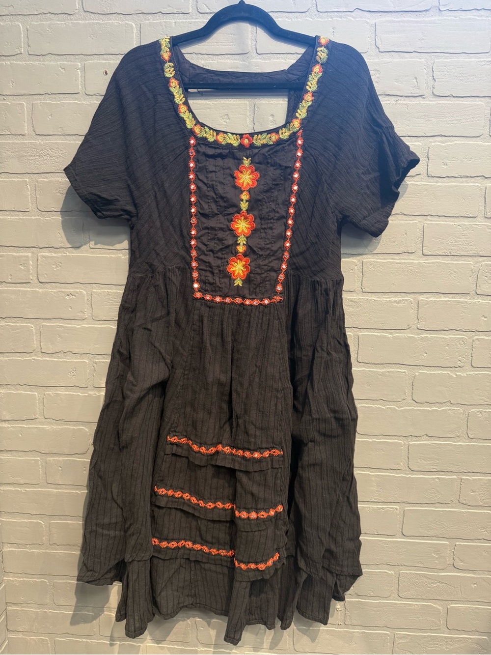 Free People Black Midi Dress with Orange & Yellow Floral Embroidery